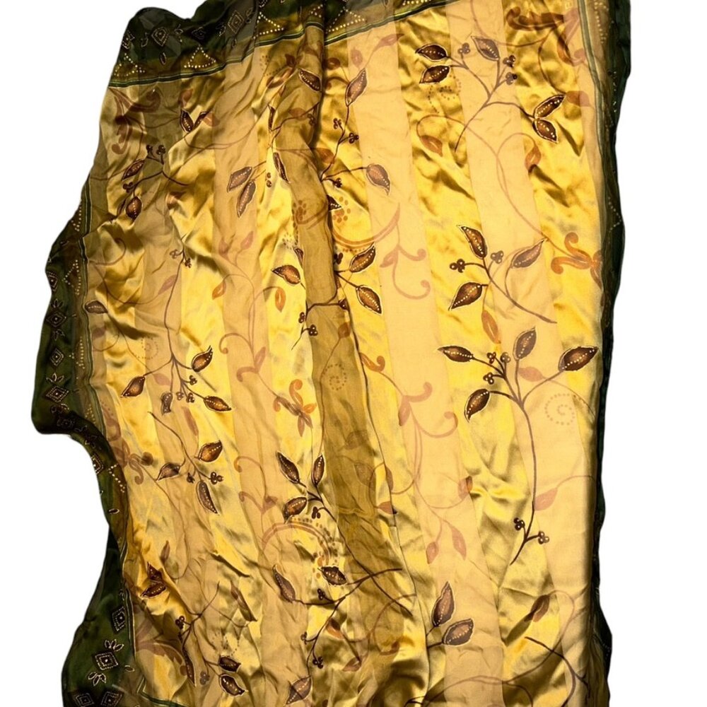 Bill Blass vintage silk neutrals olive green gold floral vines print scarf